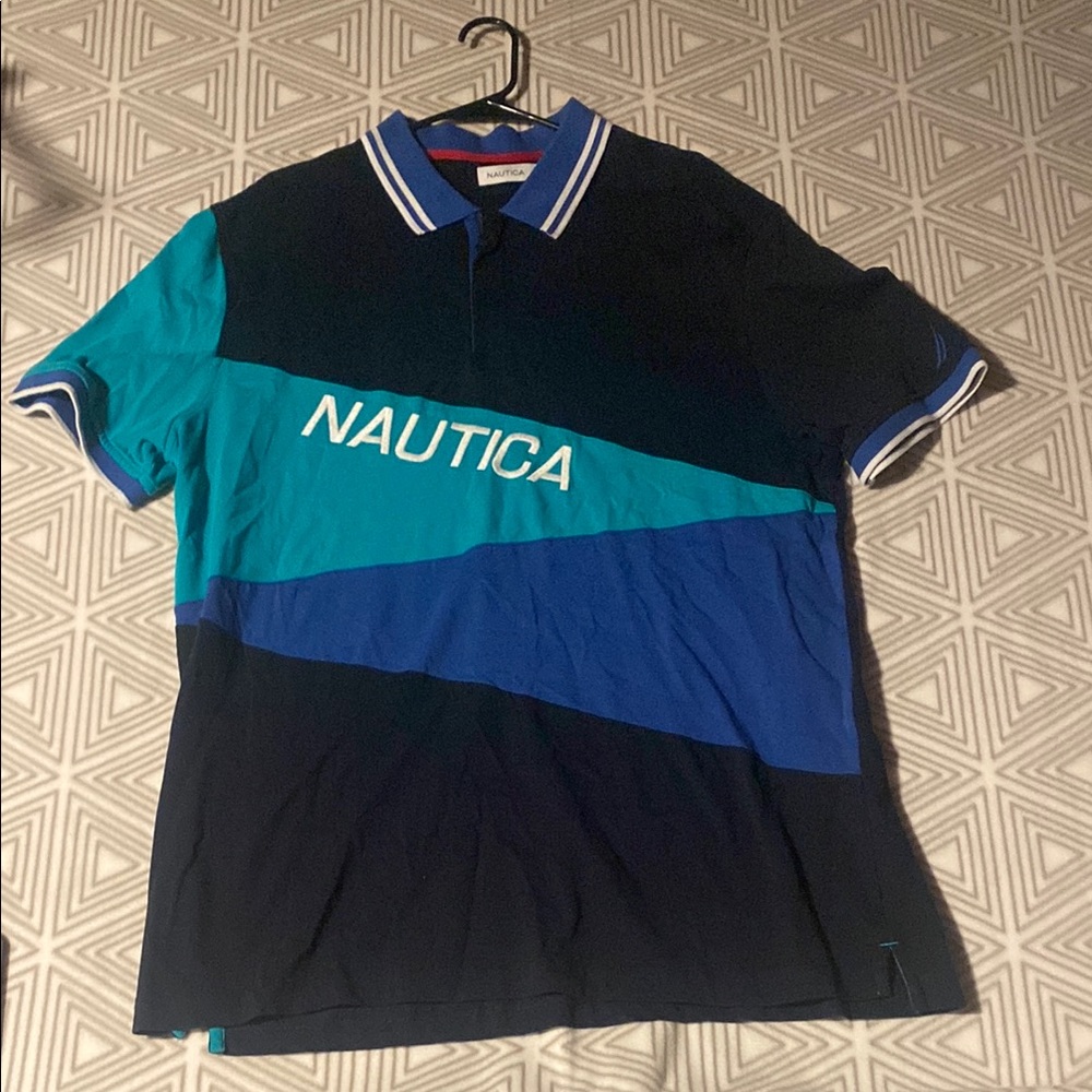 Nautica Blue and‎ Black Polo Shirt with Diagonal Color Blocking